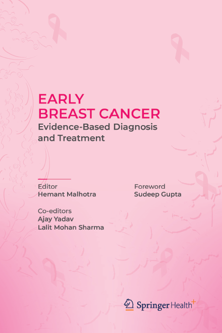 Pink book cover titled “Early Breast Cancer: Evidence-Based Diagnosis and Treatment” with pink ribbons.