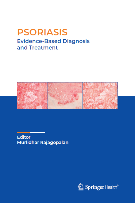 Psoriasis: Evidence-Based Diagnosis and Treatment" featuring the title in orange and blue text, three close-up images of psoriasis-affected skin, editor's name Murlidhar Rajagopalan, and Springer Health+ logo
